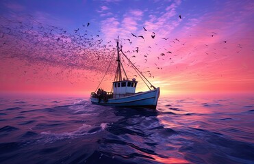 Fototapeta premium A boat on the water at sunset with birds flying