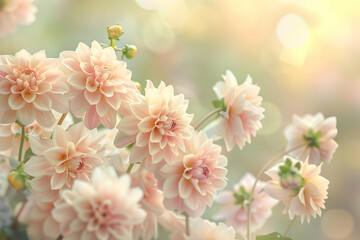A soft pastel background featuring delicate, pale pink and cream-colored flowers like dahlias or roses, creating an ethereal atmosphere with space for text or images