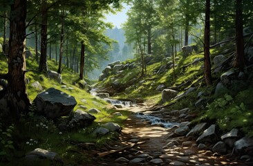 Obraz premium A stream flows through a lush, rocky forest.