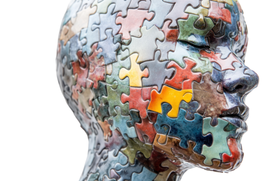A close-up view of a human head constructed from interlocking jigsaw puzzle pieces, showcasing intricate details and textures. The head is positioned to the side