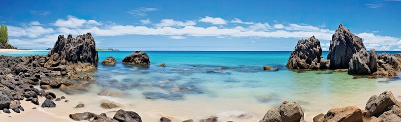 Fototapeta premium Rocky beach with clear blue water and clouds.