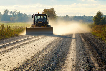 Fototapeta premium A grader operator levels the ground on a new road construction project