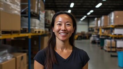 Warehouse manager smiles while overseeing operations in a busy distribution center