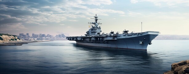 A large aircraft carrier on the water.