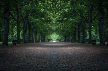 A serene pathway surrounded by green trees.