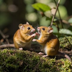 Sunny Playmates: Hazel Dormice Enjoying a Bright Clearing