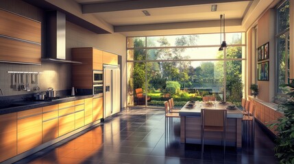 Fototapeta premium Modern kitchen with dining area and garden view. showcases a spacious, well-lit kitchen