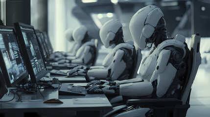 Hyper-Detailed Sci-Fi Office Environment with Humanoid Robots in Light Beige and Dark Gray, Captured in High-Definition for a Futuristic Industrial Aesthetic