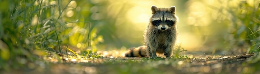 Fototapeta premium A raccoon walking through a sunny forest path.