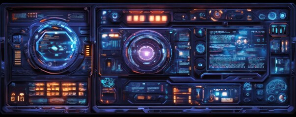 Fototapeta premium Futuristic control panel with digital interface elements and neon lights. Sci-fi technology and space concept.