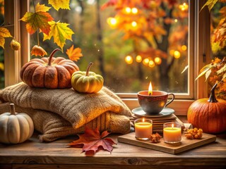 Cozy Autumn Vibes with a Warm Cup of Tea, Stylish Pumpkin Pillows, Fall Leaves, Candle Lights, and Charming Building Decor on a Windowsill in a Hygge Fall Home Setting