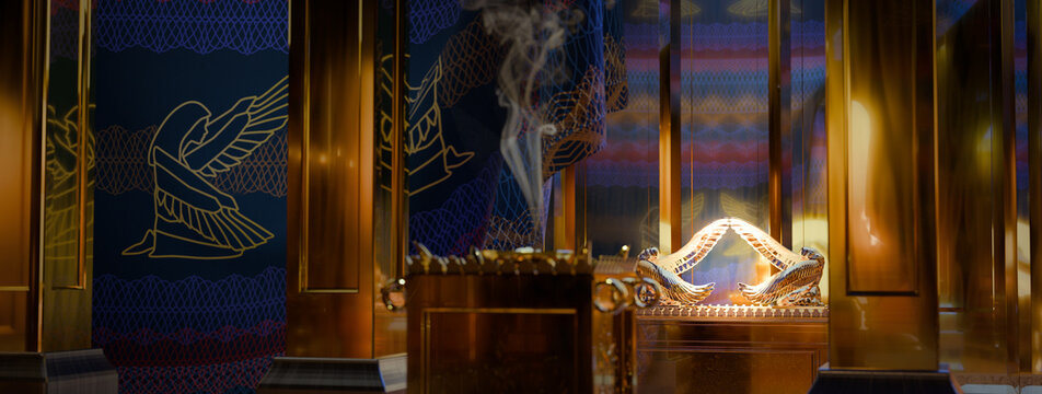 View of Most Holy Place from first apartment of wilderness sanctuary built in the time of Moses. 3d rendering biblical illustration. Showing the altar of incense, veil, and ark of the covenant.