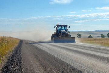 Naklejka premium A grader operator levels the ground on a new road construction project