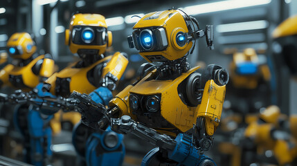 Fototapeta premium Futuristic Humanoid Robots with Yellow and Teal Exteriors on a Factory Production Line, Depicting Advanced Technology