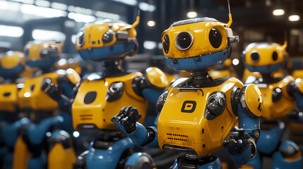 Obraz premium Futuristic Humanoid Robots with Yellow and Teal Exteriors on a Factory Production Line, Depicting Advanced Technology