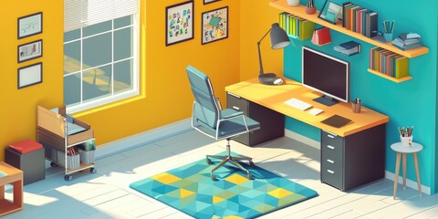 Colorful isometric office interior with a creative design and modern elements.