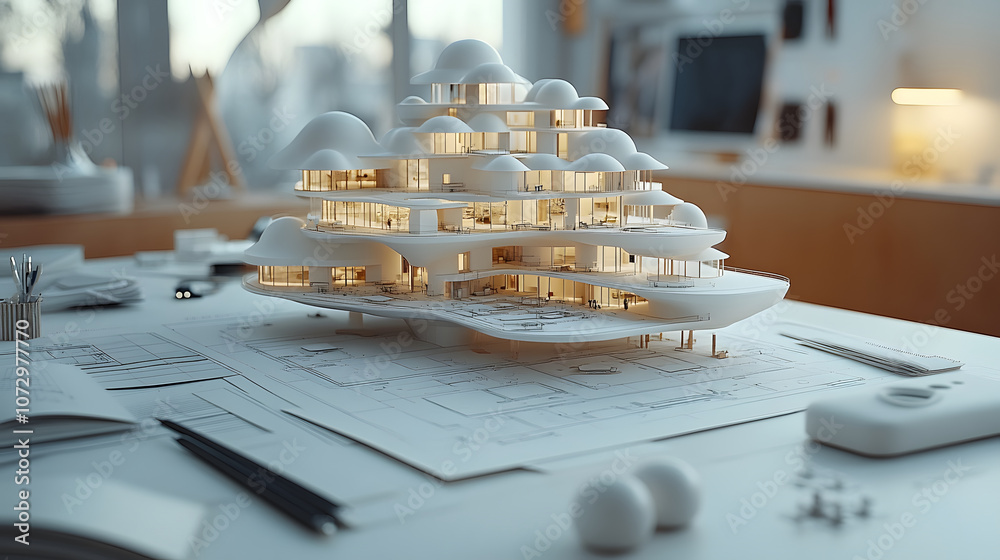 Poster a detailed architectural model sits on a workspace, surrounded by design tools, showcasing innovativ