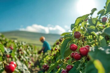 Cherry Harvesting in a Sunny Orchard Landscape