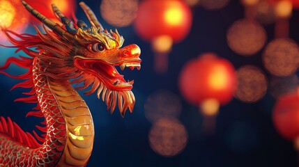 Fototapeta premium A vibrant dragon sculpture illuminated by lanterns, representing cultural significance and festive atmosphere.