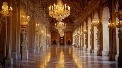 Baroque Palace Interior with Chandeliers and Marble Floors