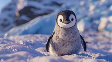 A cute penguin chick in a snowy landscape.