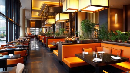 Modern open-plan restaurant with lively city ambiance and casual layout