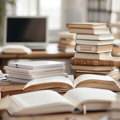 A cluttered desk with open books and laptop.