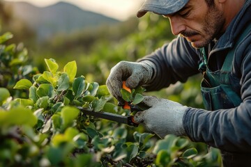 Pruning Fig Trees in Soft Backlight on Hillside