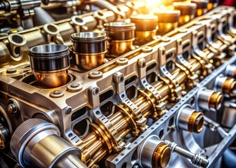 Fototapeta premium Detailed Close-Up of Automotive Engine Cylinders Mechanism, Showcasing Car Motor Vehicle Parts for Sale, Ideal for Stock Photography with Clear Copy Space for Product Promotion