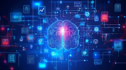 Fototapeta premium Stylized Brain Surrounded by Glowing Abstract Symbols