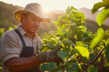 Pruning Fig Trees in Soft Backlight on a Hillside
