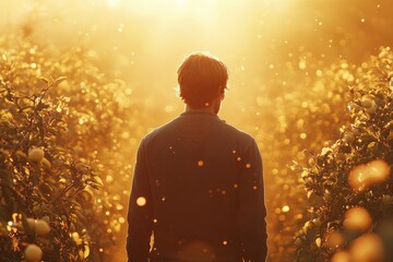 Fototapeta premium Serene Peach Orchard at Sunset with Soft Backlight