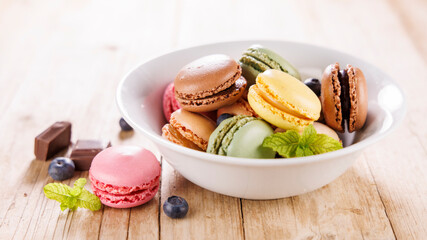 bowl of colorful pastel macaroons, french food