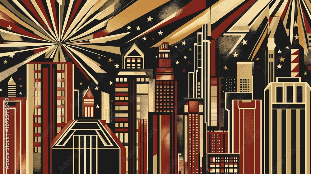 Poster Deco Skyline with Starburst and Linear Patterns