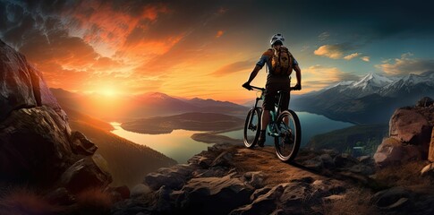 Obraz premium Silhouetted cyclist riding a mountain bike at sunset.
