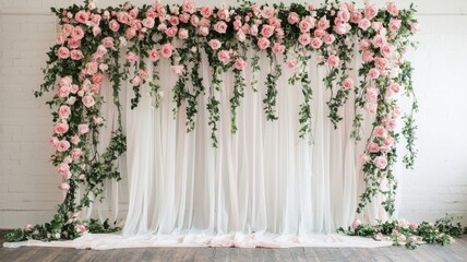 Create a stunning floral backdrop for your event using elegant pink roses and lush greenery