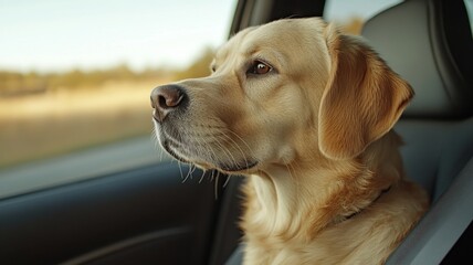 Golden retriever enjoys scenic car ride while gazing out the window at nature's beauty