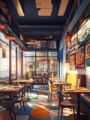 Open-plan restaurant with vibrant decor and casual dining experience