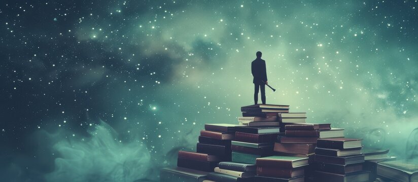 Man standing atop a stairway of books, cosmic sky above, metaphor of knowledge and the universe.