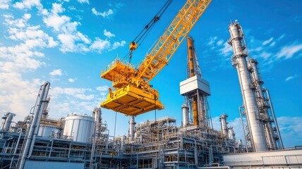 Industrial crane operates over modern refinery in clear blue sky for enhanced operational efficiency
