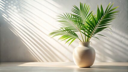 Obraz premium Elegant Ceramic Vase with Palm Leaves Casting Aesthetic Sunlight Shadows on White Table - Scandinavian Home Interior Still Life for Stylish Decor Poster