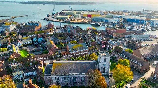 Aerial view of Poole, a coastal town in Dorset, southern England, known for its large natural harbour and sandy beaches, UK