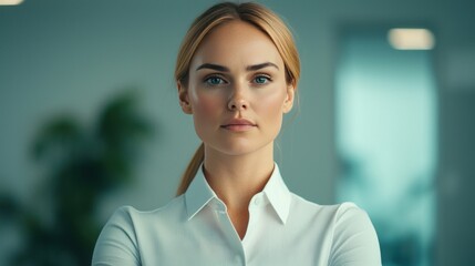 Fototapeta premium A confident woman stands in a modern office, exuding poise and professionalism, highlighted by soft lighting and a contemporary background.