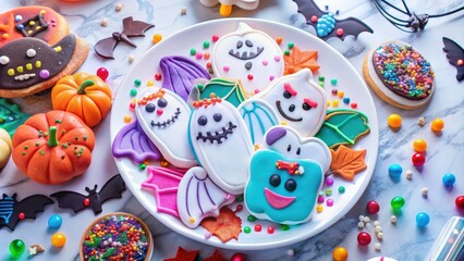 Fototapeta premium A whimsical assortment of Halloween treats, including cookies shaped like ghosts, pumpkins, and bats, all adorned with vibrant frosting and colorful sprinkles.