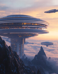 Obraz premium Cinematic and Fantastical Space Station Floating in the Sky, Surrounded by Saturn’s Rings, Snow-Capped Mountains, and an Alien City