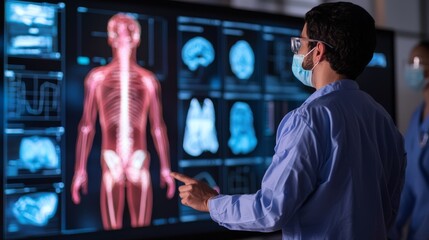 A medical professional analyzes a digital display showcasing human anatomy and various scans, emphasizing technology's role in healthcare.