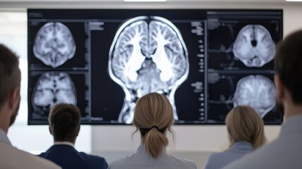A group observes brain scans on a large screen, discussing medical insights and research in a professional setting.