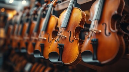Naklejka premium Row of violins in a music store. This image can be used for marketing materials for music schools, instrument stores or websites.