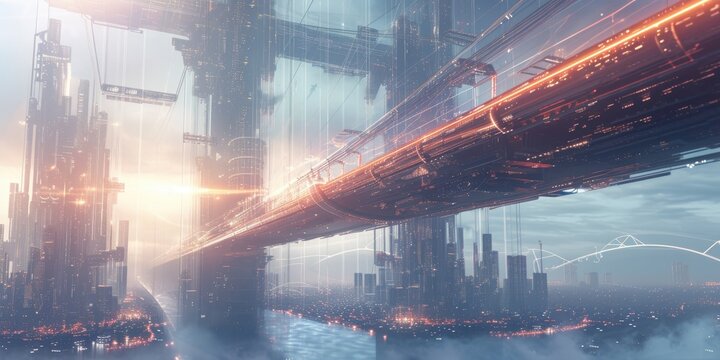 Dystopian cityscape beneath vast hovering structure, futuristic urban panorama blending surreal with conceivable, atmospheric potential remains vivid.