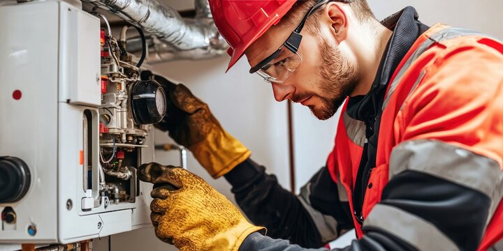 Furnace maintenance work being carried out with safety gear and equipment.